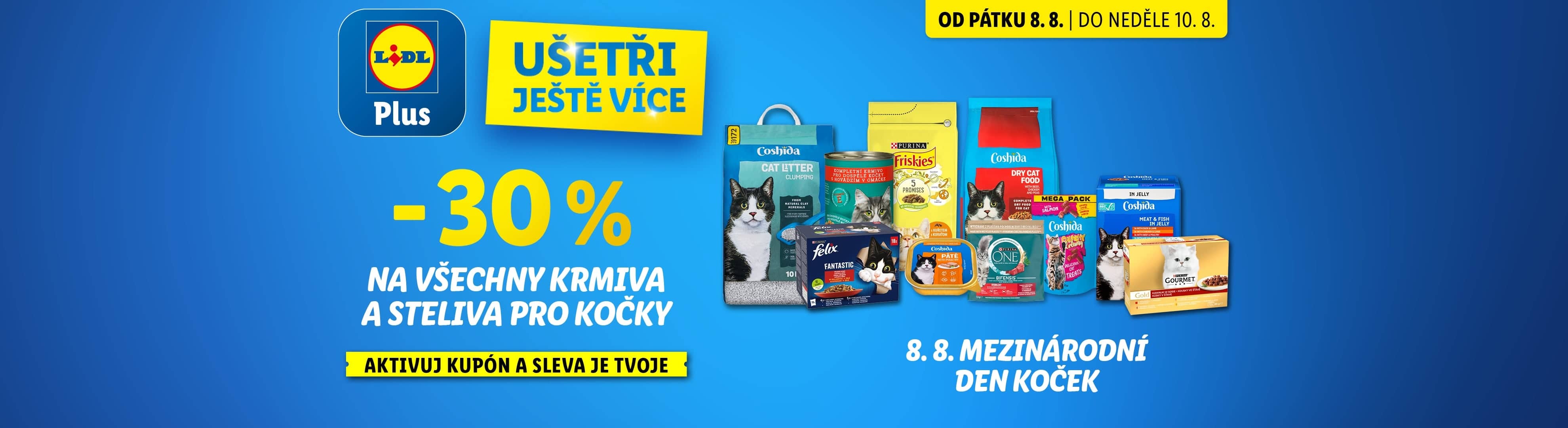 Reklama na krmivo a stelivo pro kočky s 30% slevou v Lidlu, platná od 8. do 10. srpna.