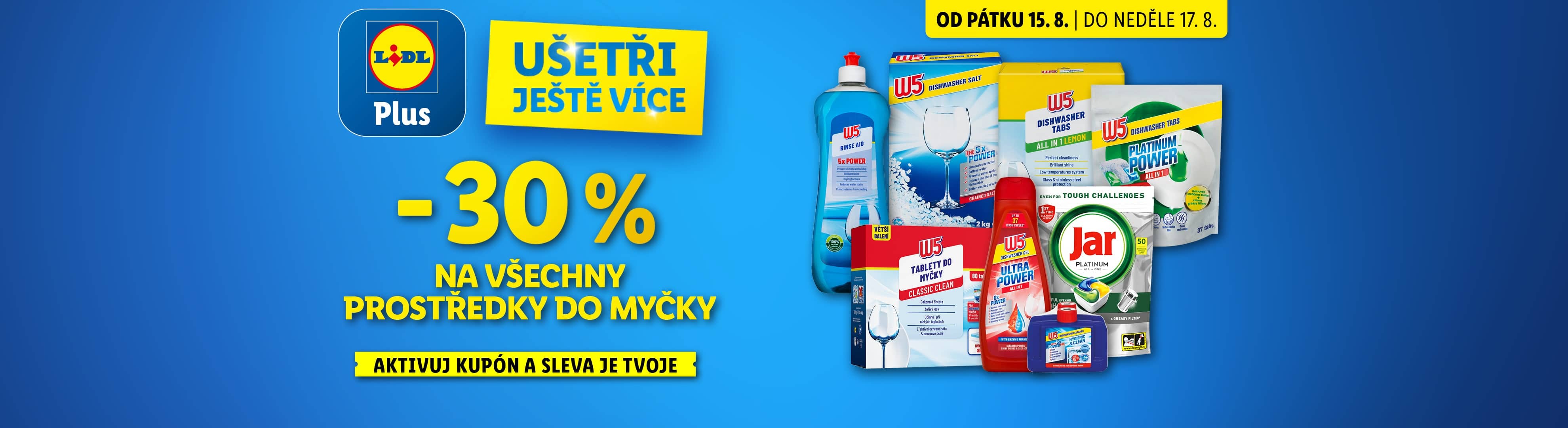 Reklama na mycí prostředky do myčky nádobí W5 a Jar s 30% slevou.