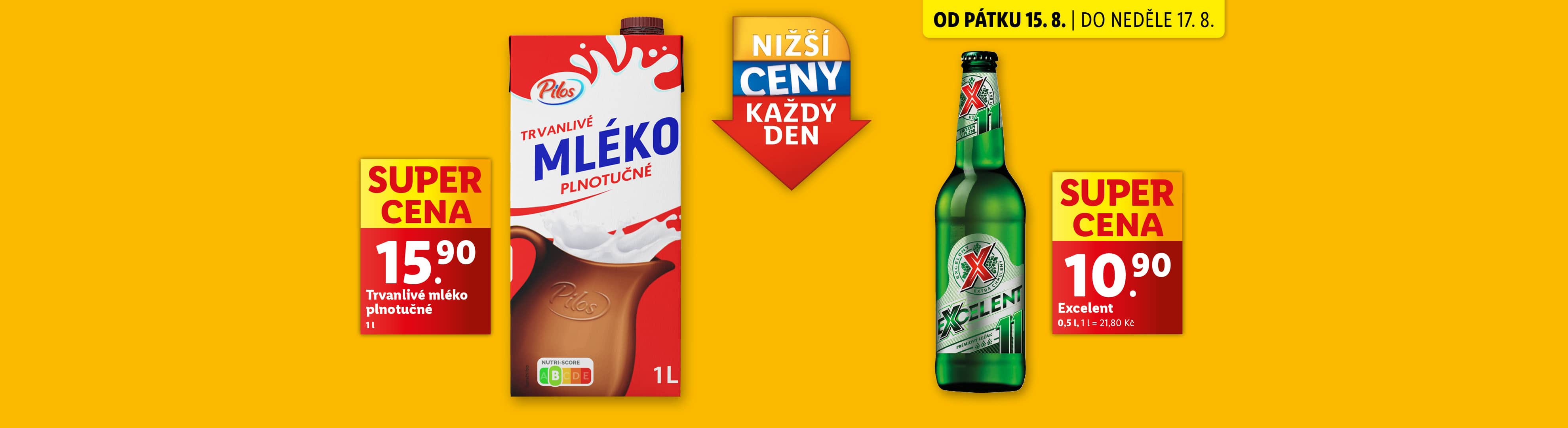 Reklama na mléko Pilos s cenou 15,90 Kč a nápisem „Nižší ceny každý den“.
