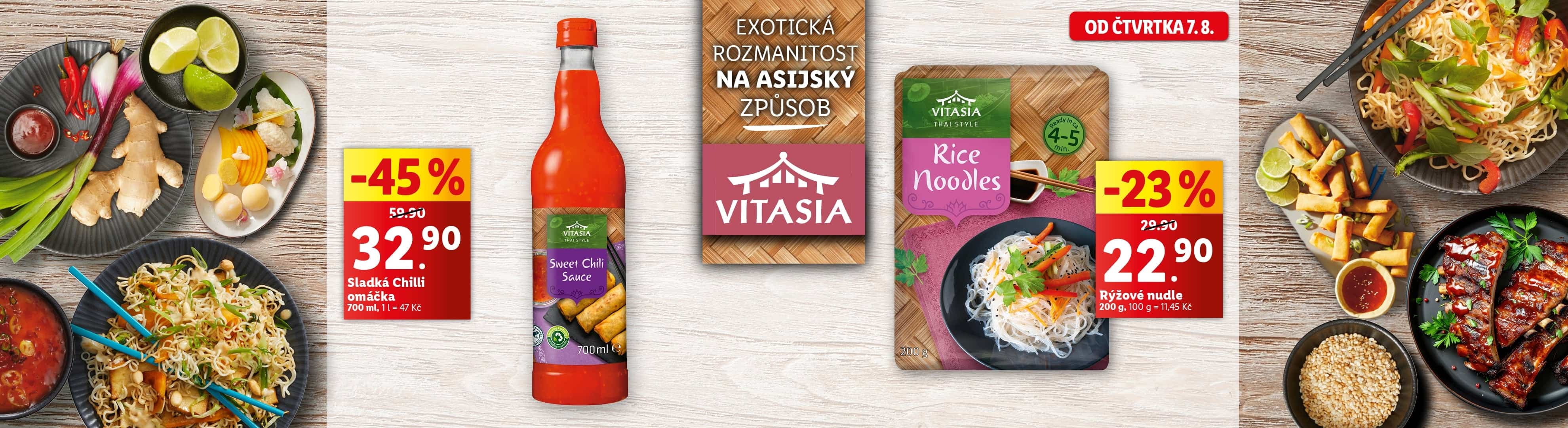 Reklama na sladkou chilli omáčku Vitasia s asijskými pokrmy a ingrediencemi.