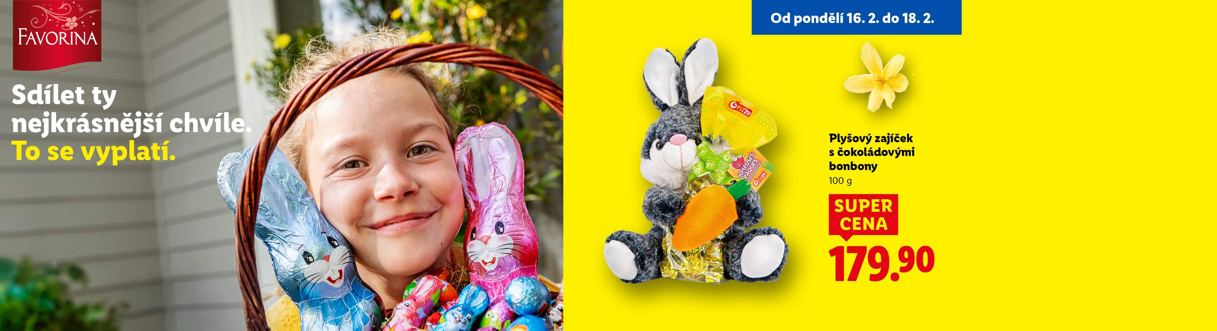 Dívka s košíkem plným čokoládových zajíčků a plyšový zajíček s bonbony, akce od 16. do 18. 2.