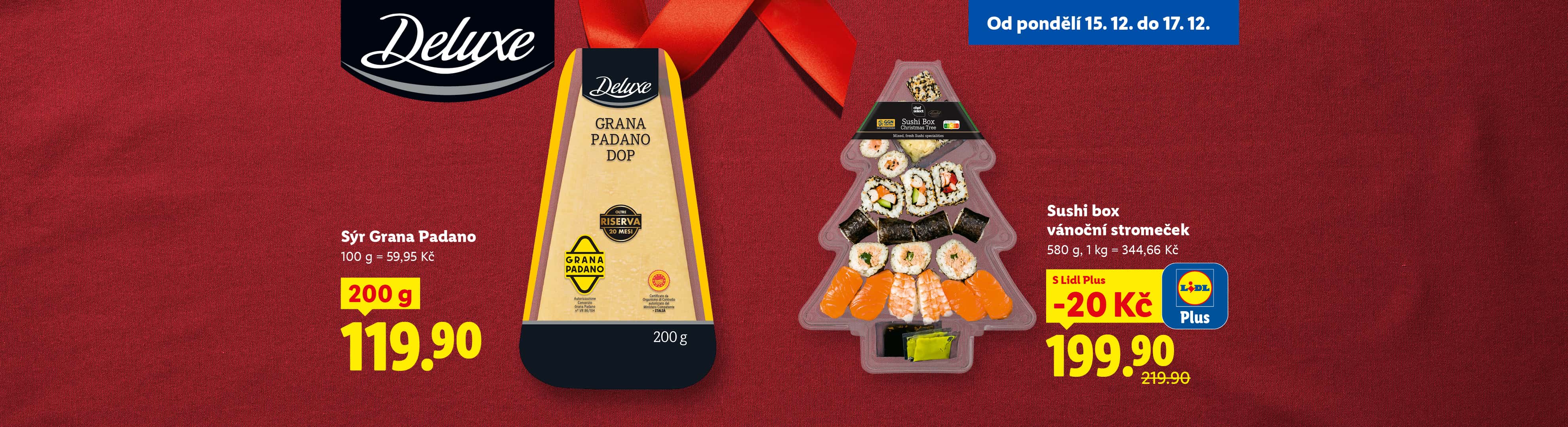 Vánoční nabídka sýru Grana Padano a sushi boxu ve tvaru vánočního stromku.