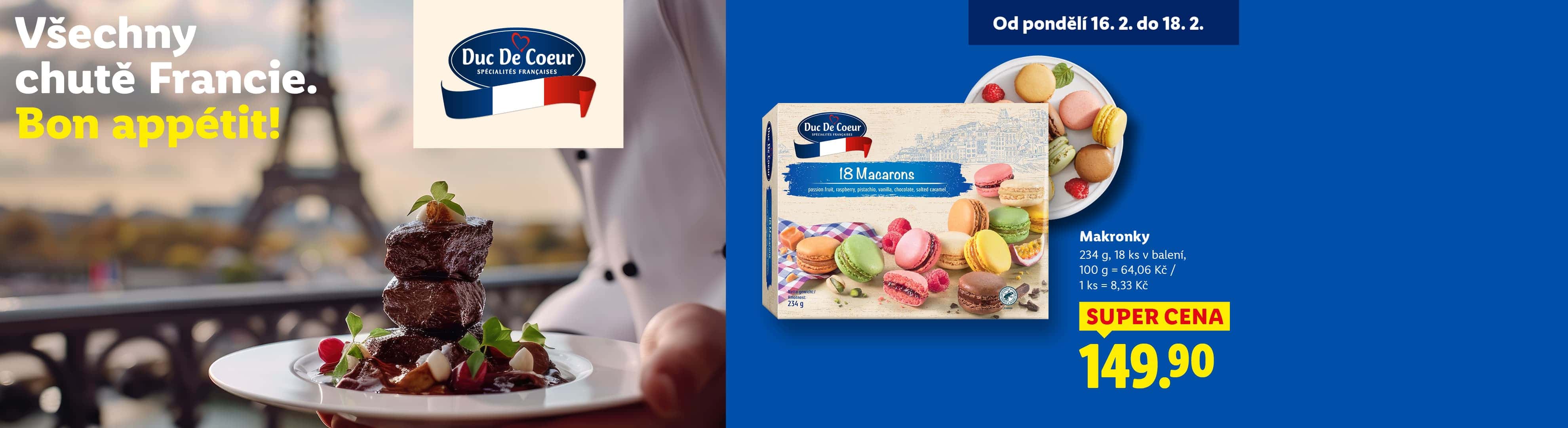 Francouzské makronky a masové jídlo s Eiffelovou věží v pozadí, s nápisem „Všechny chutě Francie. Bon appétit!“