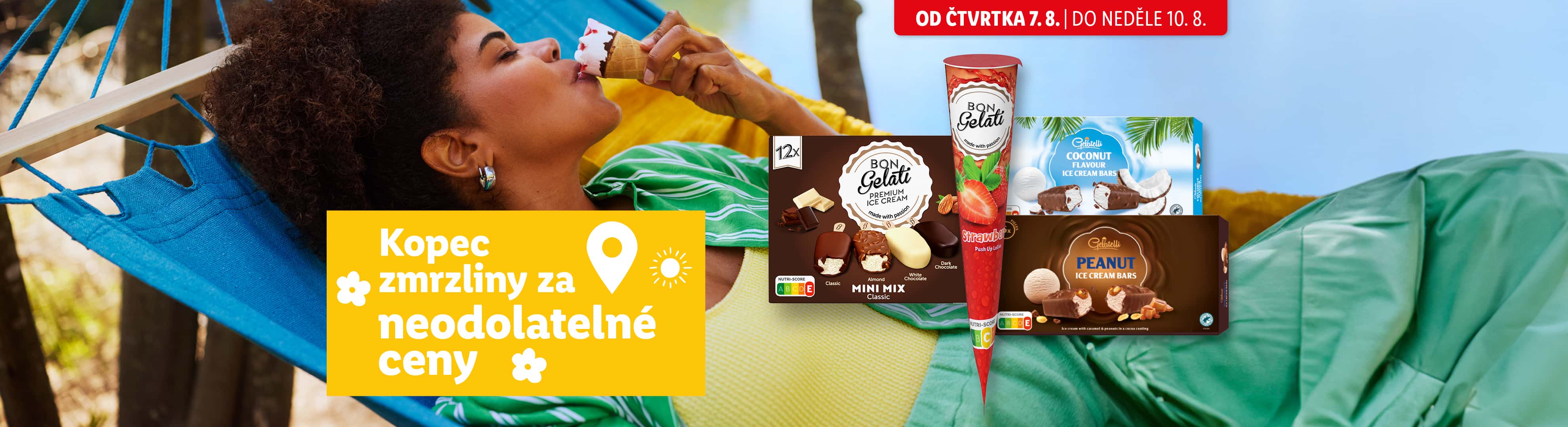 Žena v houpací síti si vychutnává zmrzlinu Bon Gelati, s reklamou na různé zmrzlinové tyčinky.
