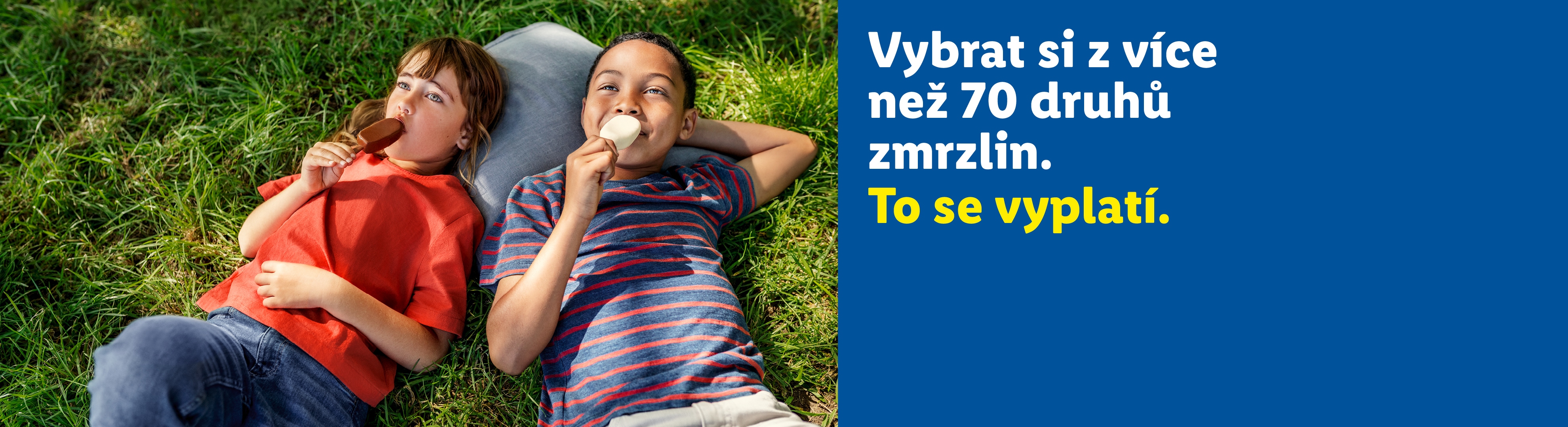Dvě děti ležící na trávě a jedící zmrzlinu. Text: Vybrat si z více než 70 druhů zmrzlin. To se vyplatí.