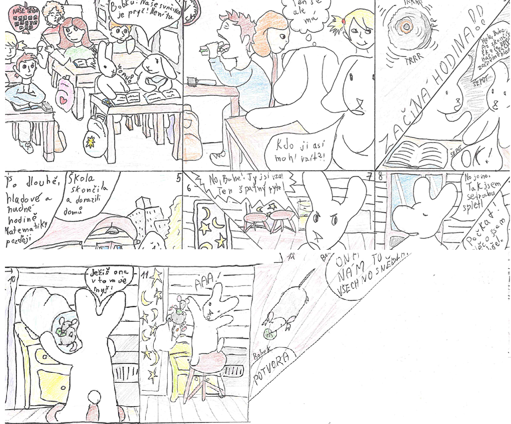 Kreslený komiks o králíkovi Bobkovi, který snědl svačinu a pak se spletl, když hledal viníka.