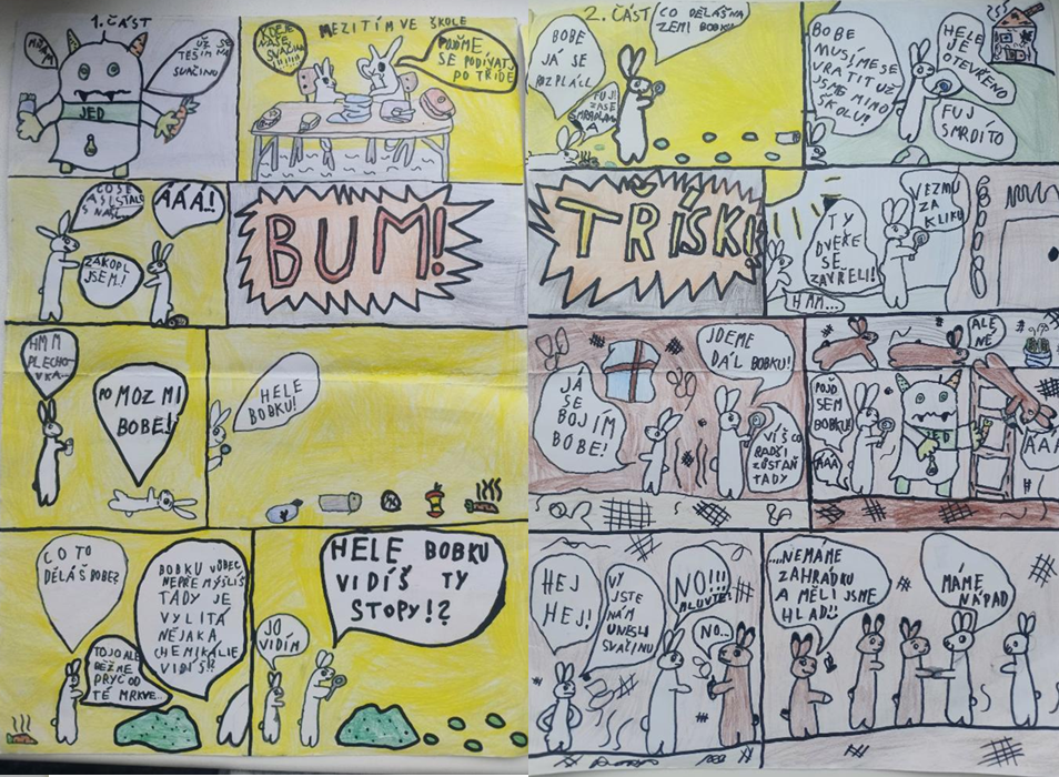 Kreslený komiks o králících a příšerce, která jí jed, s textem v bublinách.