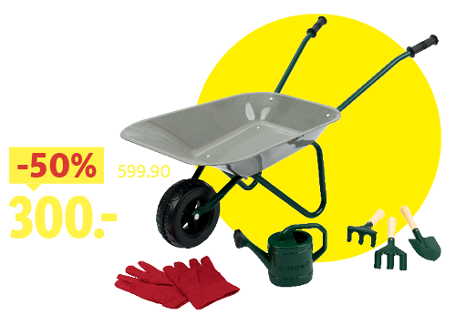 Sada zahradního nářadí s kolečkem, konví, rukavicemi a malým nářadím, sleva 50 % na 300.