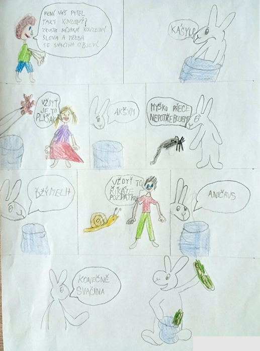 Dětský komiks o králíkovi, který hledá svačinu, s textem: „Konečně svačina“.