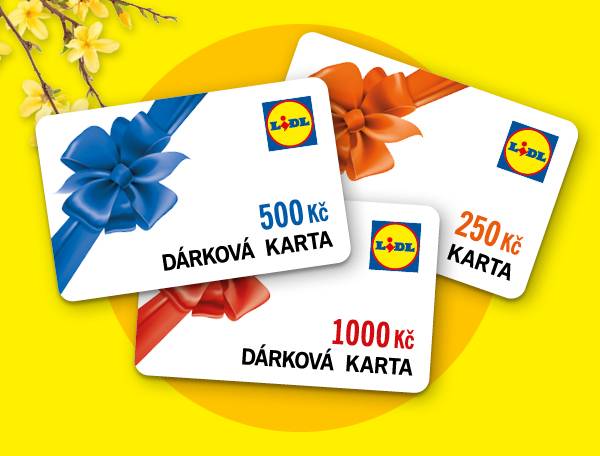 Dárkové karty s mašlemi v hodnotách 250, 500 a 1000 Kč na žlutém pozadí s větvičkou.