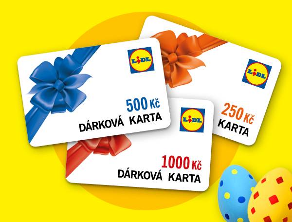 Dárkové karty s mašlemi v hodnotách 250, 500 a 1000 Kč, s velikonočními vajíčky.