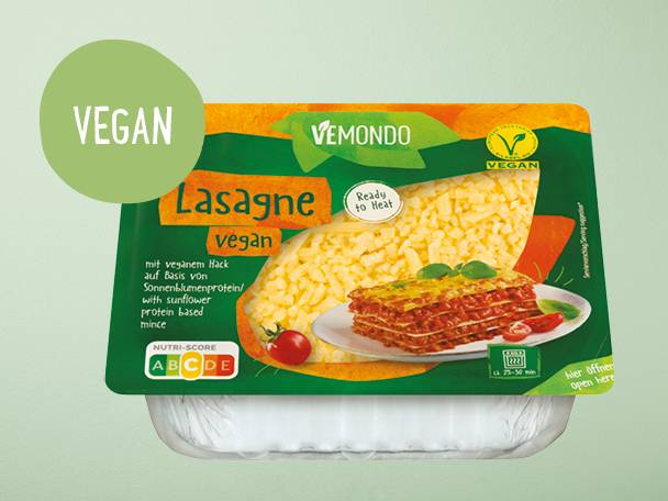 Veganská lasagne značky Vemondo, připravené k ohřátí.