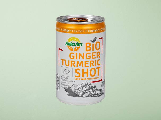 Plechovka Solevita Bio Ginger Turmeric Shot.