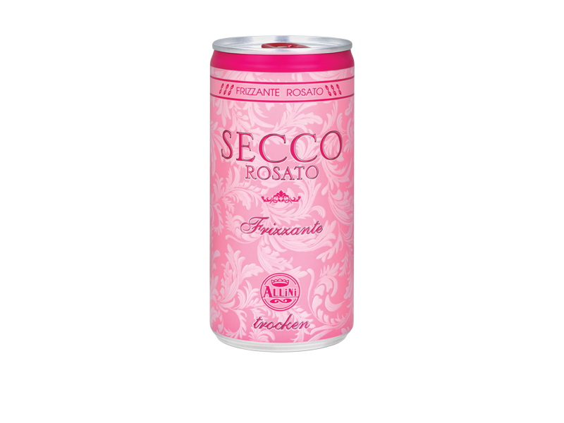 Růžová plechovka s nápisem „SECCO ROSATO Frizzante trocken“ a květinovým vzorem.