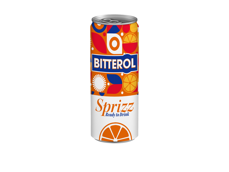 Plechovka s nápojem s ovocným vzorem a nápisem „Sprizz Ready to Drink“.