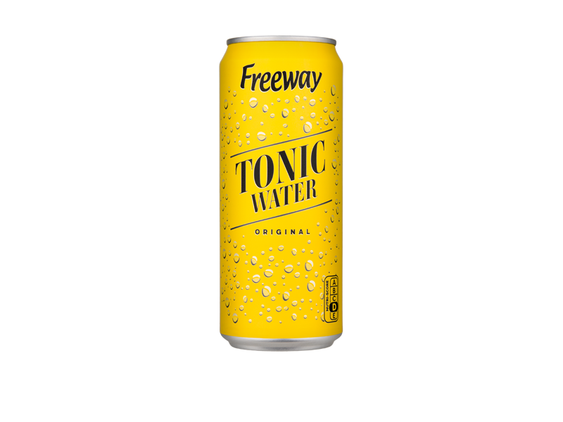 Žlutá plechovka toniku s nápisem 'Tonic Water Original' a kapkami vody.