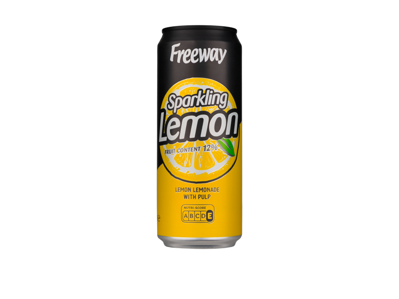Plechovka perlivé citronové limonády s 12% obsahem ovoce a nutričním skóre B.