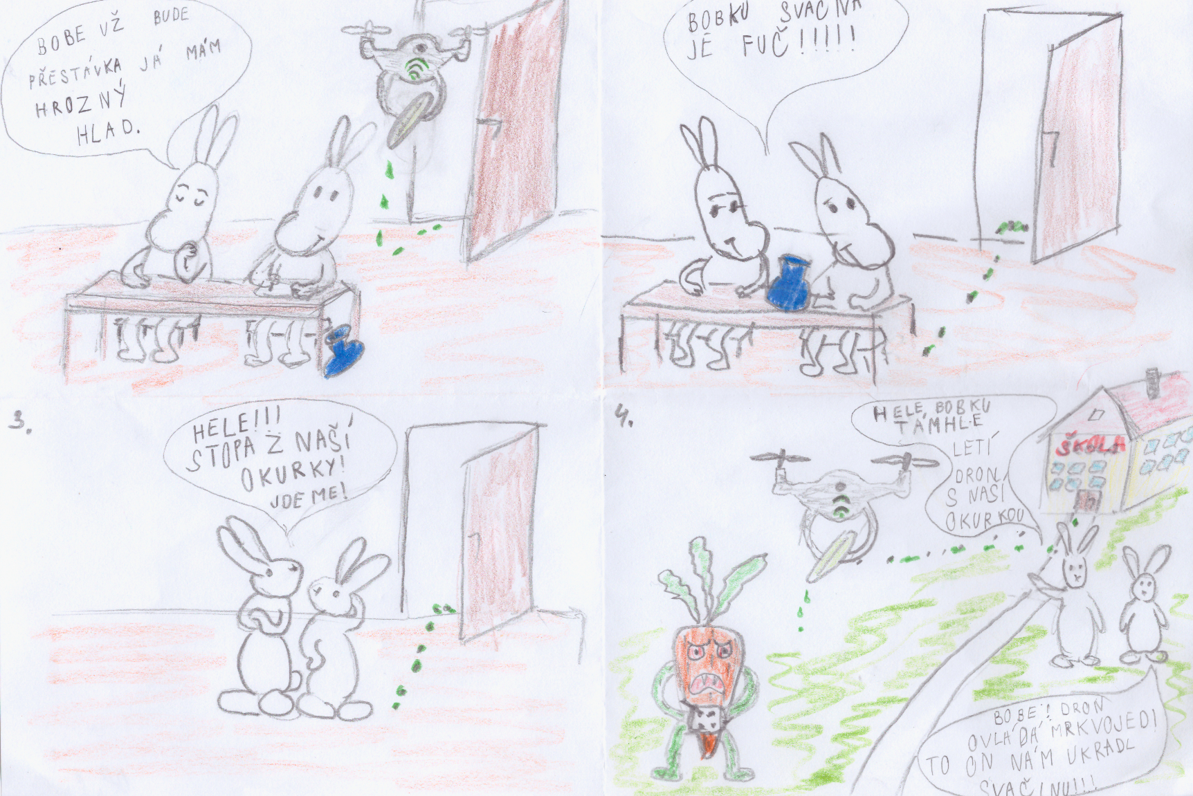 Kreslený komiks o králících, kteří přijdou o svačinu kvůli dronu a mrkvovému zloději.