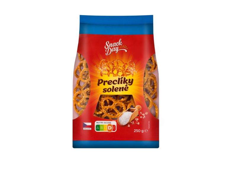 Balení slaných preclíků s Nutri-Score B a hmotností 250 g.