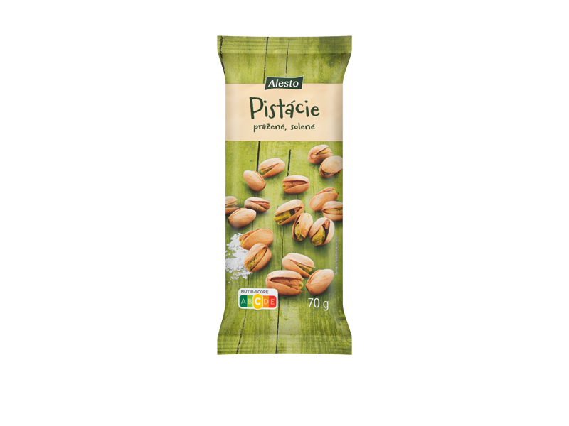 Balení pražených a solených pistácií s Nutri-Score A a hmotností 70 g.