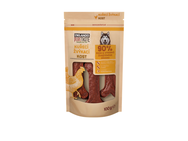 Pamlsky pro psy s kuřecím masem, 90 % masa, bez obilovin a cukru, 100 g.