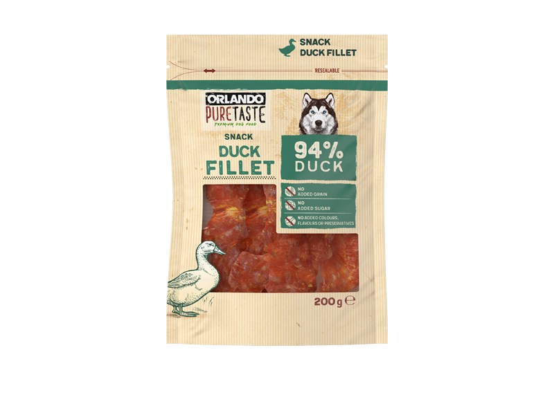 Pamlsek pro psy s 94 % kachního filé, bez přidaných obilovin, cukru, barviv, aromat a konzervantů.