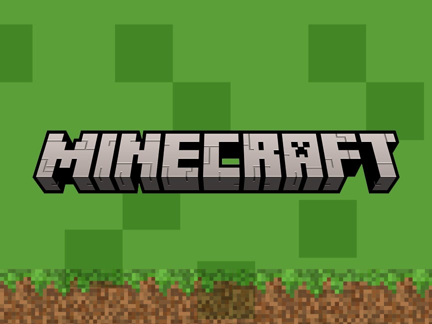 Logo hry Minecraft na zeleném pozadí s pixelovanou grafikou.