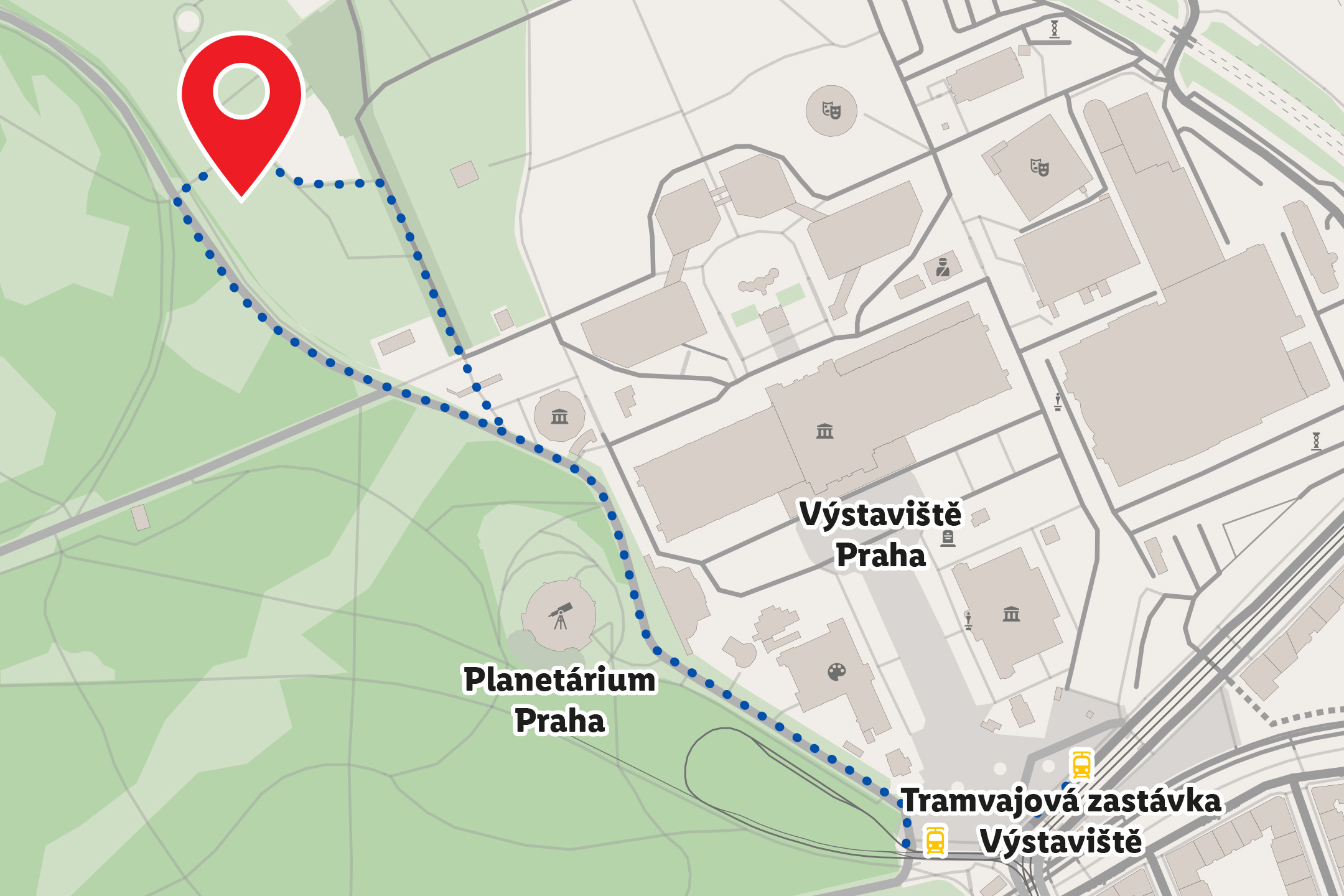 Mapa s vyznačenou trasou od červené špendlíkové značky k tramvajové zastávce Výstaviště.
