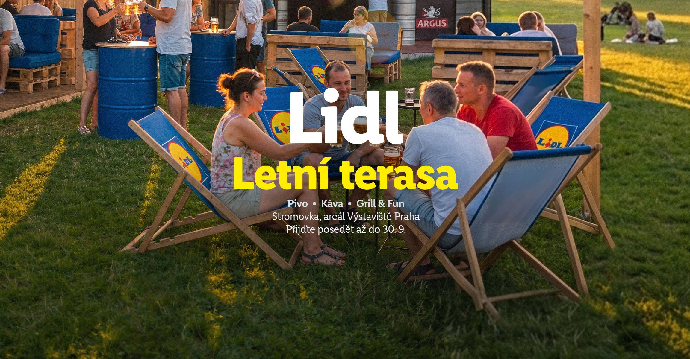 Lidl letní terasa s pivem, kávou a grilem v Praze, otevřeno do 30. 9.