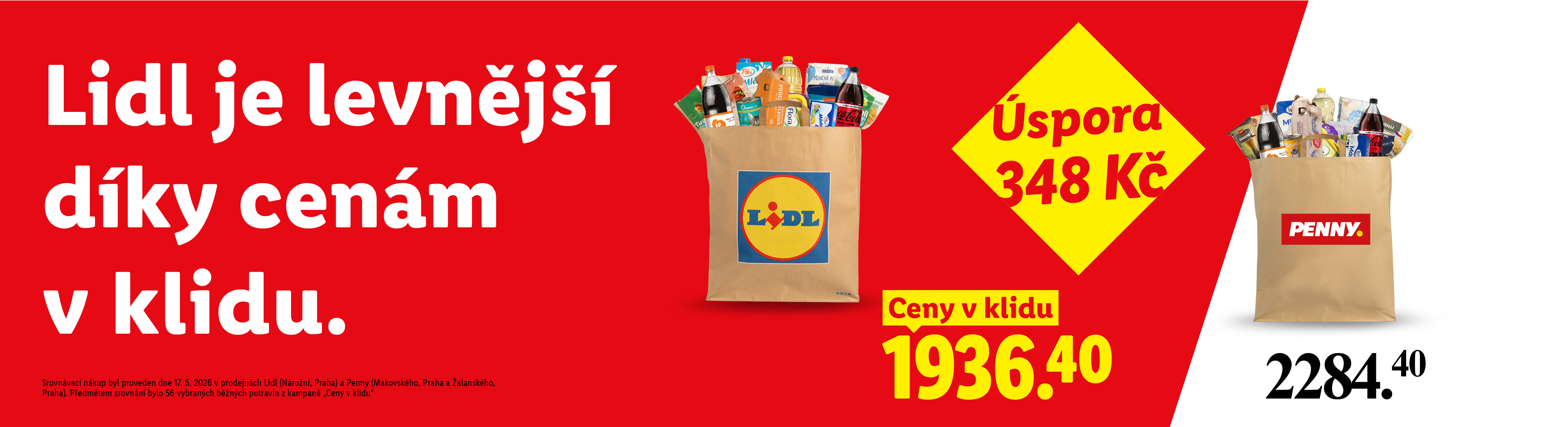 Lidl je levnější díky cenám v klidu. Nákupní tašky plné potravin, úspora 348 Kč, ceny v klidu 1936.40 Kč.