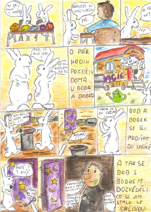 Kreslený komiks s králíky Bobem a Bobkem, kteří hledají svou svačinu, a kouzelníkem.