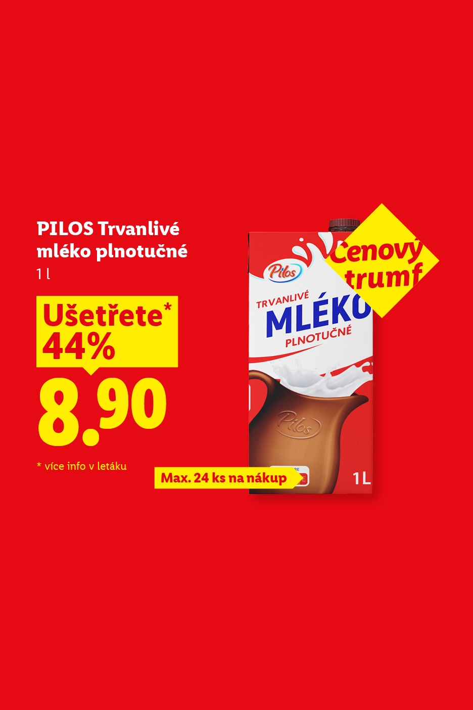 Karton plnotučného mléka s cenou 8,90 a slevou 44 %.