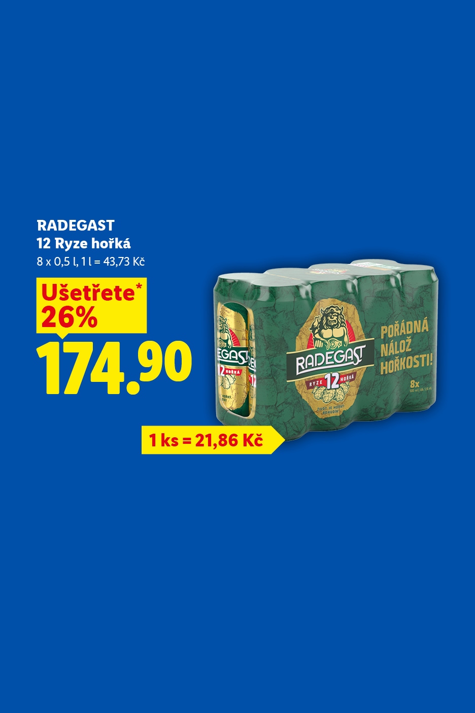 Balení osmi piv s cenou a informacemi o slevě.