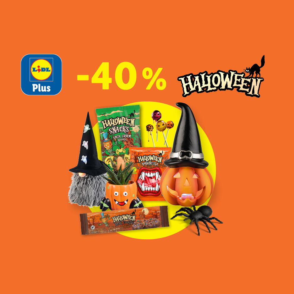 Halloweenské sladkosti a dekorace se slevou 40 % v aplikaci.