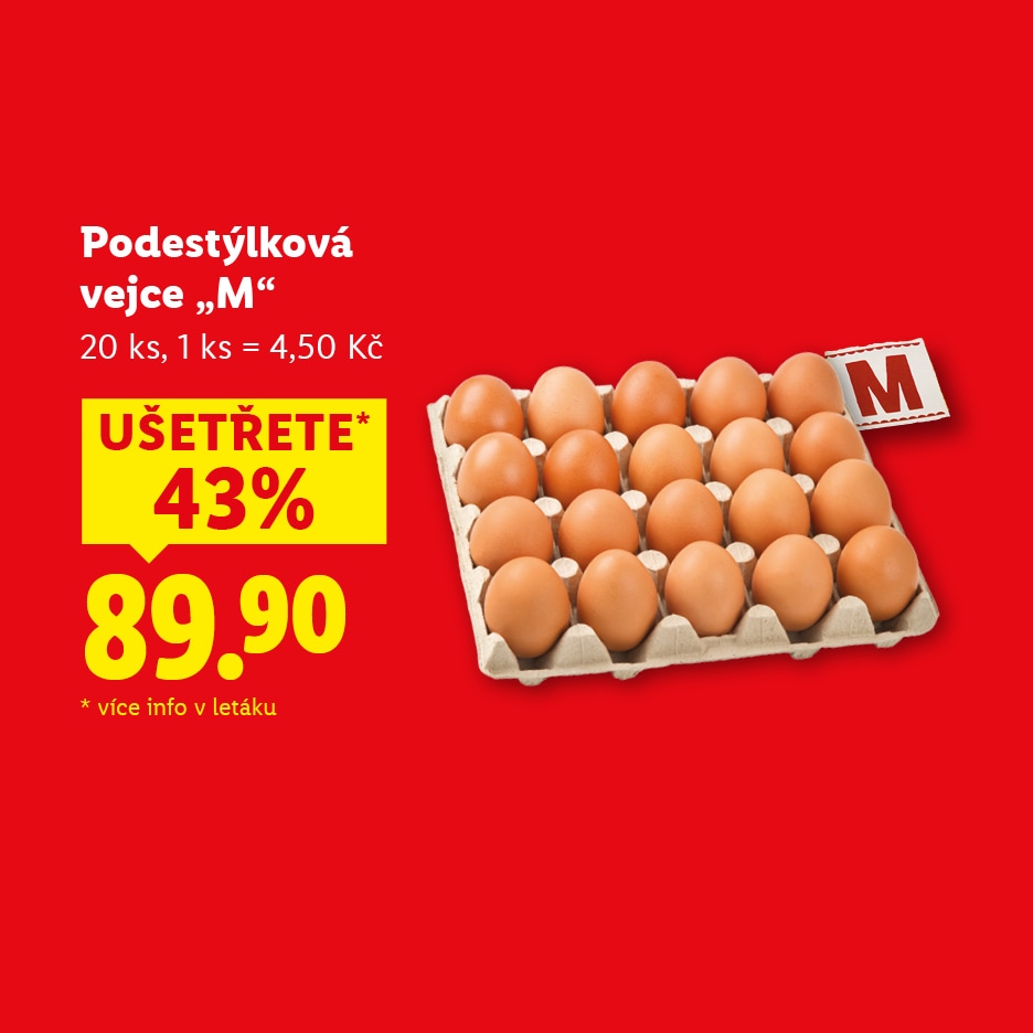 Podestýlková vejce velikosti M, 20 kusů za 89.90 Kč, ušetříte 43%.