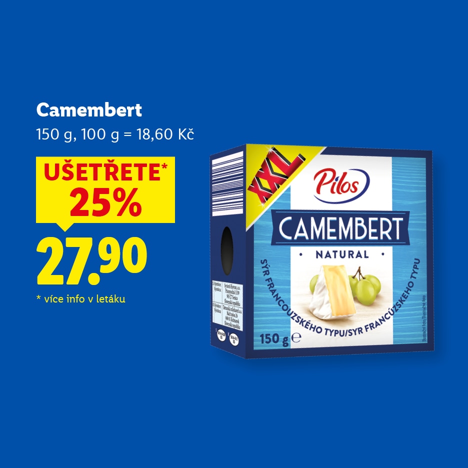Pilos Camembert, 150 g, s 25% slevou za 27,90 Kč.