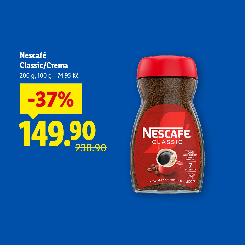 Nescafé Classic/Crema, 200g, se slevou 37% za 149.90 Kč.