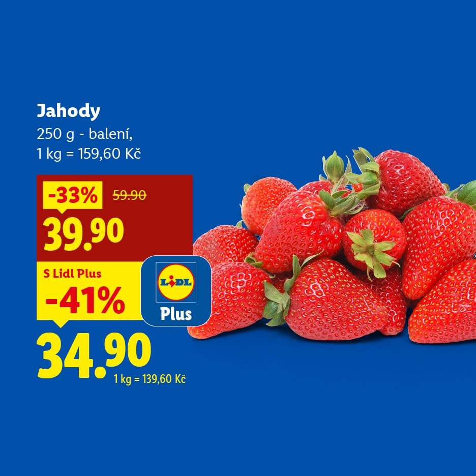 Lidl akce na jahody: 250g balení za 39,90 Kč, s Lidl Plus za 34,90 Kč.