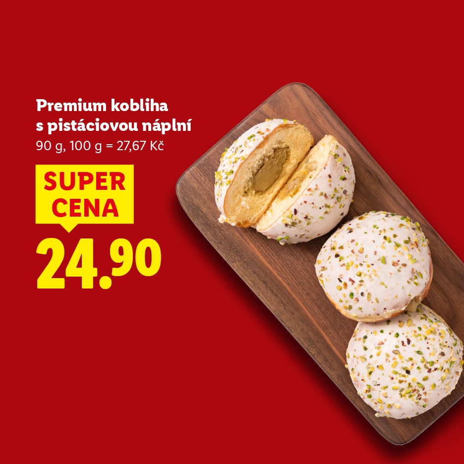 Premium kobliha s pistáciovou náplní, 90g za 24.90 Kč.