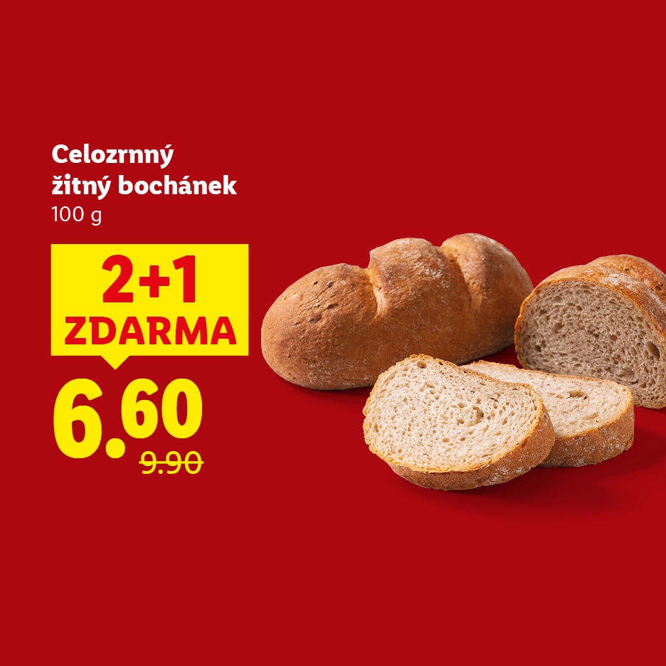 Celozrnný žitný bochánek 100g, akce 2+1 zdarma, cena 6.60 Kč (původně 9.90 Kč).
