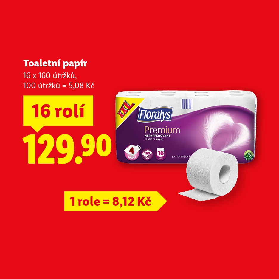 Floralys Premium toaletní papír, 16 rolí, 129.90 Kč.