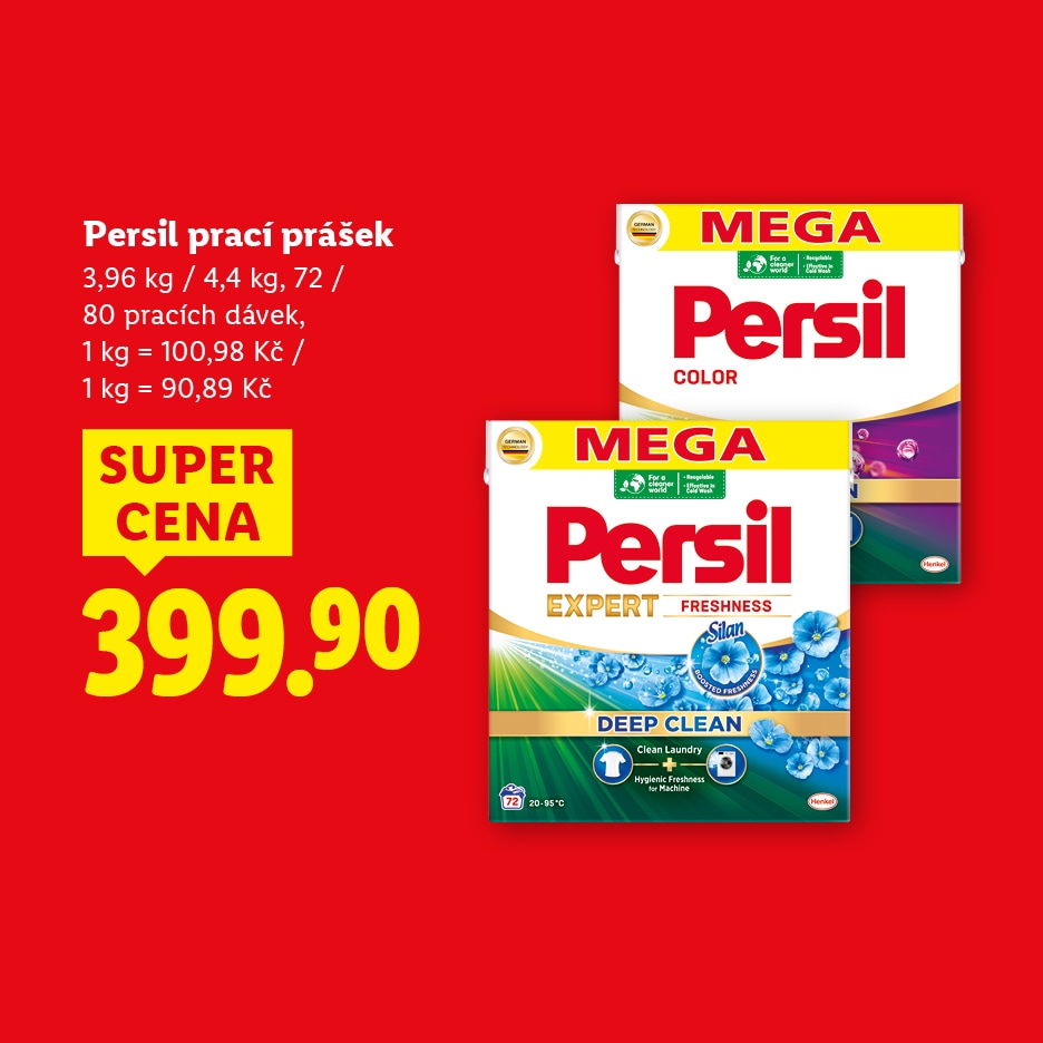 Reklama na prací prášek Persil s cenou 399,90 Kč za 3,96 kg / 4,4 kg balení.