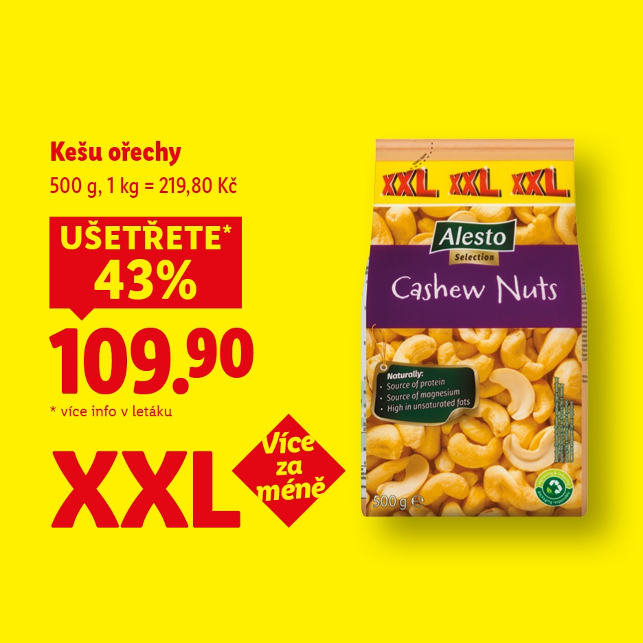 Balení kešu ořechů Alesto s cenou 109,90 Kč a slevou 43 %.