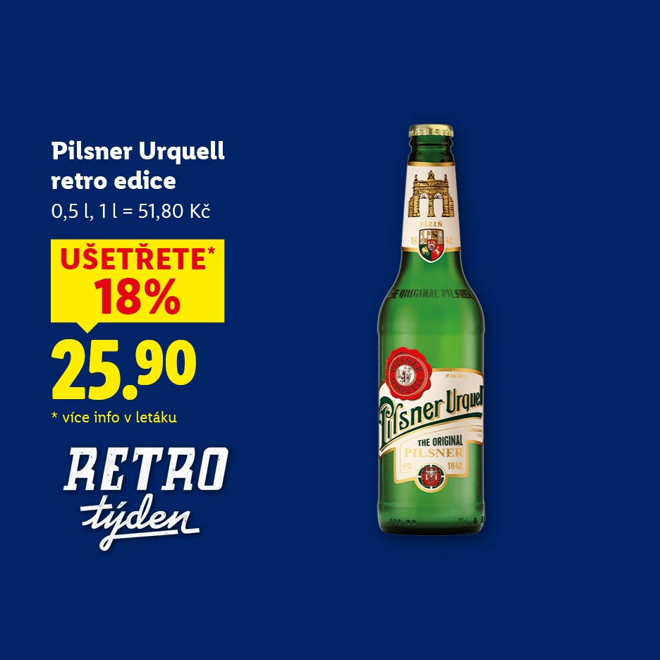Pilsner Urquell retro edice piva v lahvi, s cenou 25.90 Kč a slevou 18%.