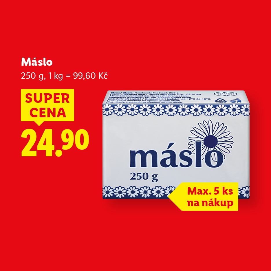 Máslo 250 g za 24,90 Kč, s omezením 5 kusů na nákup.