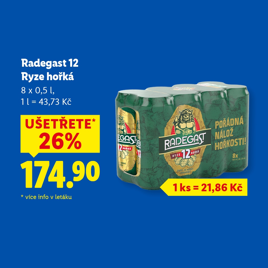 Balení 8 plechovek piva Radegast 12 Ryze hořká s cenou 174,90 Kč a slevou 26 %.
