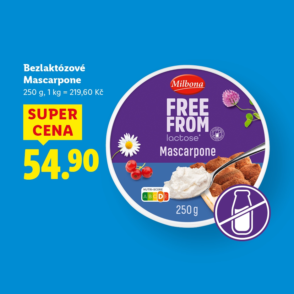 Milbona bezlaktózové mascarpone 250g za akční cenu 54,90 Kč.