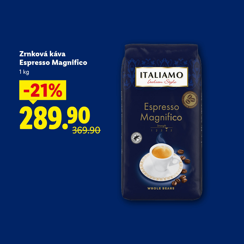 Balení zrnkové kávy Italian Espresso Magnifico 1 kg se slevou 21 % za 289,90.