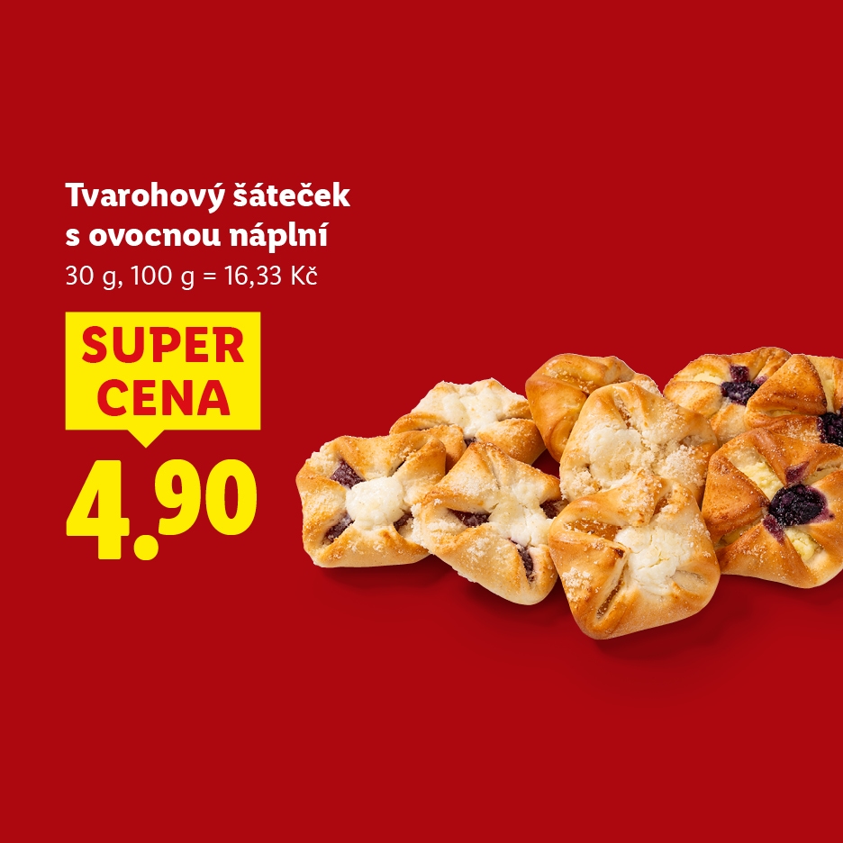 Tvarohové šátečky s ovocnou náplní za super cenu 4,90 Kč.