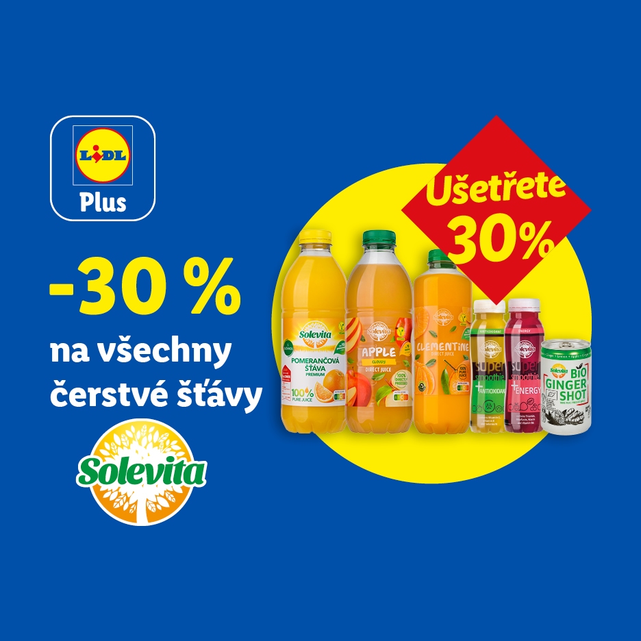 Lidl Plus: Sleva 30 % na všechny čerstvé šťávy Solvita, včetně pomerančové, jablečné a klementinkové.
